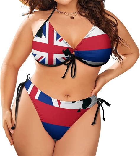 Women Map Of Hawaii And Hawaiian Flag Plus Size String Triangle Bikini Set Adjustable Halter