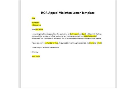 Hoa Appeal Violation Letter Template Hoa Appeal Violation Letter Hoa Appeal Letter Simple