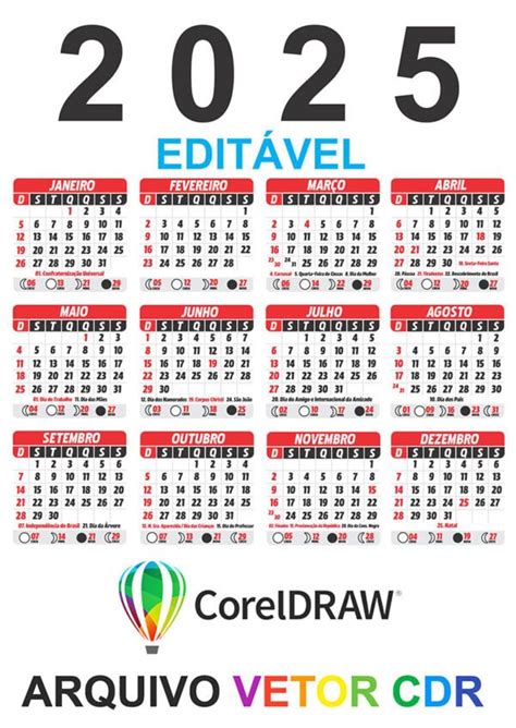 Calendário 2025 Editável Vermelho e Preto CDR Vetor CalendárioLegal