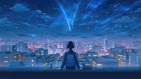 🔥 Download Anime Girl Alone Cat Night Sky Stars City Scenery 4k