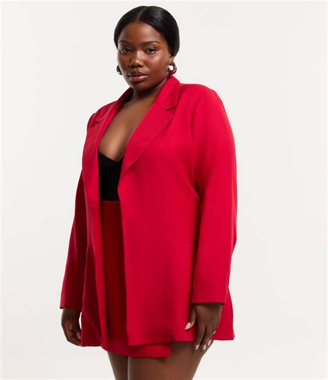 Blazer Alongado Alfaiataria Sem Fechamento Curve Plus Size Vermelho