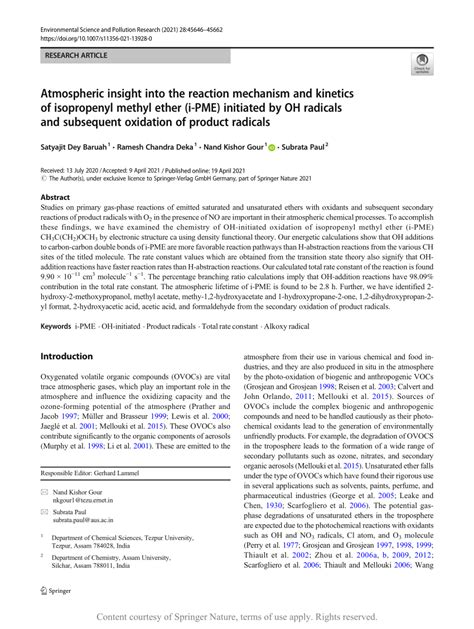 Atmospheric Insight Into The Reaction Mechanism And Kinetics Of