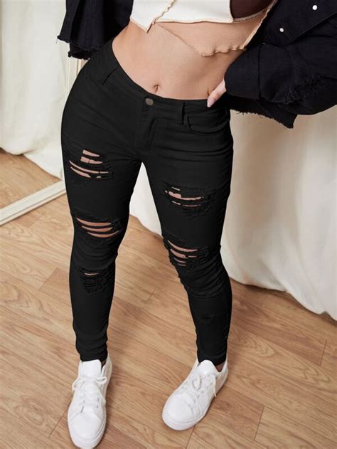 Shein Ezwear Slant Pocket Ripped Skinny Jeans Shein Usa