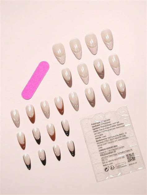24pcs Set Elegant Milady Nude Color French Style 3D Wave Pattern Ins Almond False Nails Plus 1