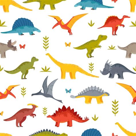 Padrão sem costura infantil vibrante dinossauros fofos e