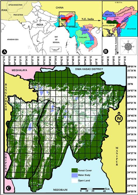 A North East India B Southern Assam C Grid Map Of Southern Assam Download Scientific