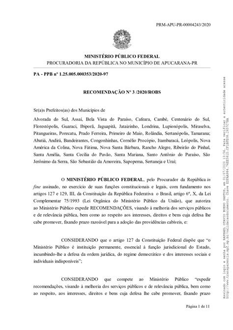 Recomendação Ministério Público Federal Prefeitura Municipal de