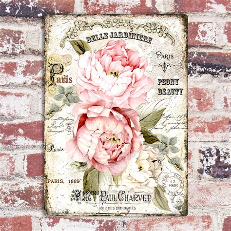 Shabby Chic Peony Flowers Vintage French Metal Sign Wall Plaque Home