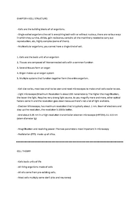 CHAPTER 4 CELL STRUCTURE: Key Concepts & Summaries - Studocu