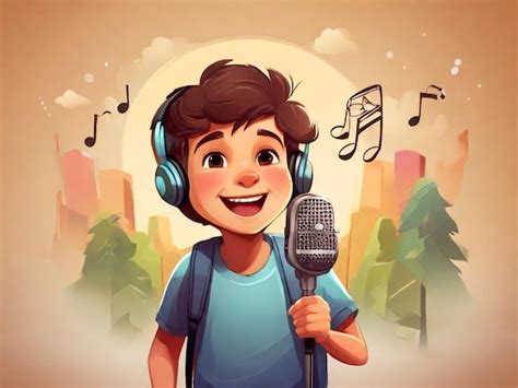 Premium Photo Cute Boy Singing A Song With Microphone Vector Cartoon