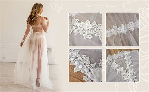 Amazon Bathgown Leaf Flower Lace Wedding Robe Tulle White Sheer Lingerie Robe Floor