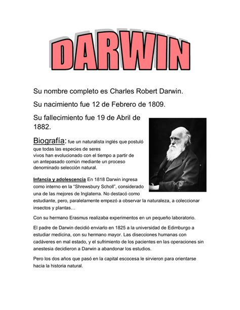 Su Nombre Completo Es Charles Robert Darwin Su Nacimiento Fue