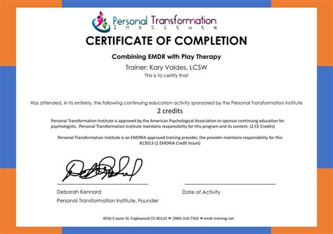 CERTIFICATE OF Completion - Play Therapy - Personal Transformation ...