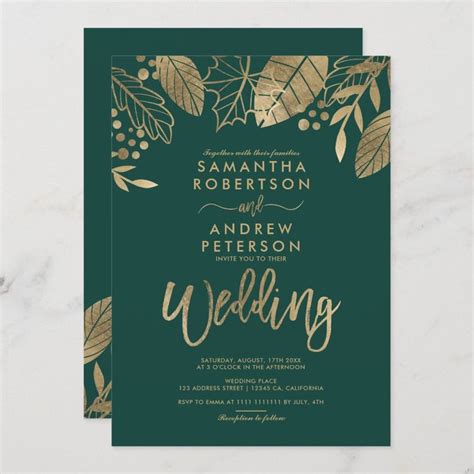 Gold Leaves Fall Typography Emerald Green Wedding Invitation Zazzle