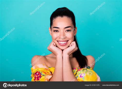 Photo Cute Millennial Brunette Lady Dream Wear Floral Top Isolated Stock Photo Deagreez