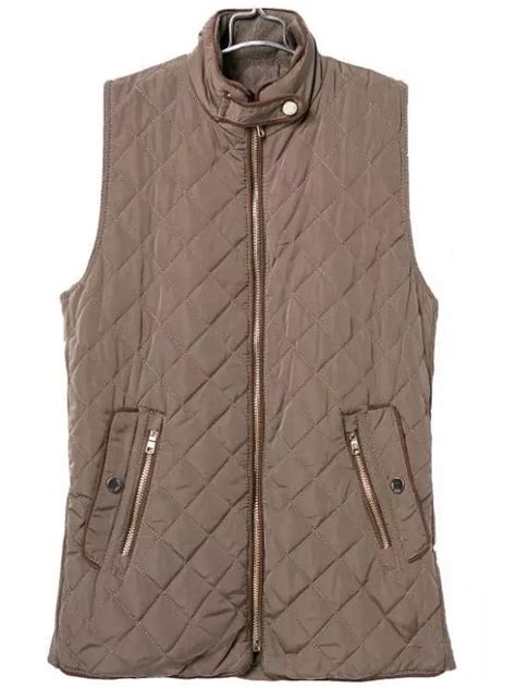 Brown Sleeveless Quilting Diamond Patterned Vest Vest Pattern Khaki