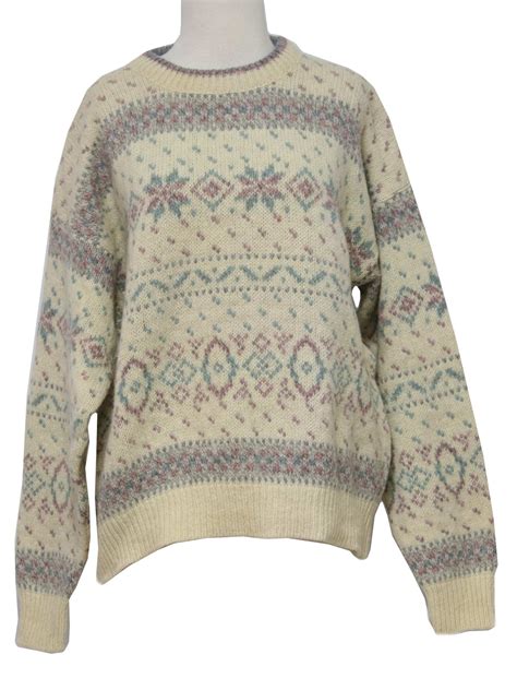 Retro 1990s Sweater 90s Eddie Bauer Womens Natural White With Light Grey Sea Foam Green And