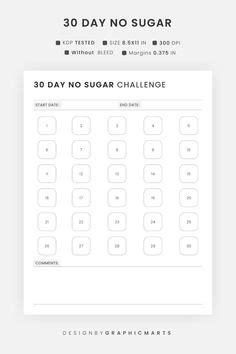 30 Day No Sugar Challenge Printable Template Healthy Habit Tracker Goal