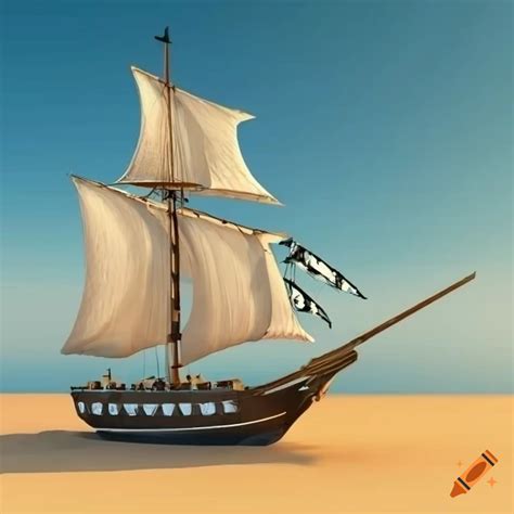 D Rendering Of A White Sail Pirate Ship On A Sunny Beach