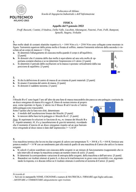 Testo E Soluzione Fisica Appello 9 Gennaio 2023 Scuola Di Ingegneria