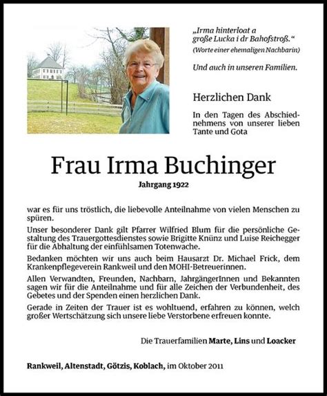 Todesanzeigen Von Irma Buchinger Todesanzeigen Vorarlberger Nachrichten