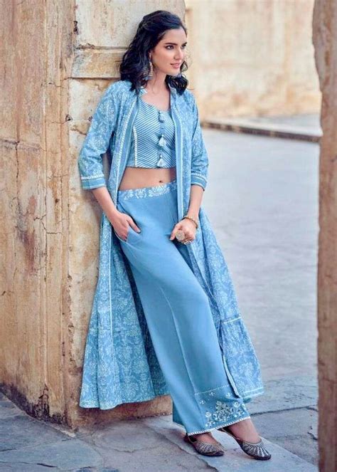 Light Blue Indo Western Crop Top Palazzo Set With Shrug Urban Womania