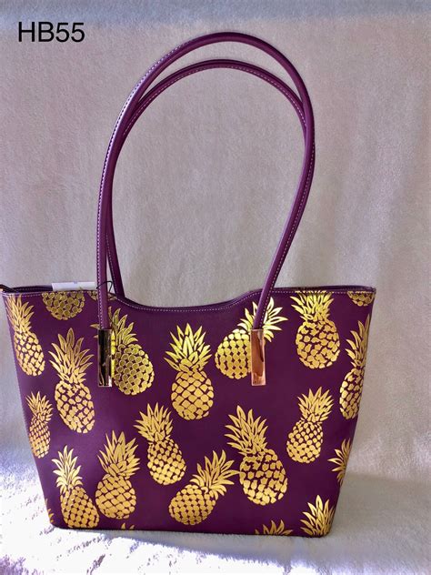 Purple Tote With Gold Foil Pineapples Zipper Closure Dimensions