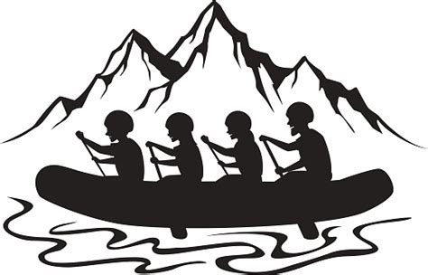 Team Group Of People Man And Woman Whitewater Rafting Silhouette Vector