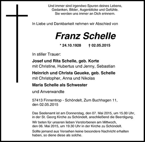 Traueranzeigen Von Franz Schelle Trauer In Nrw De