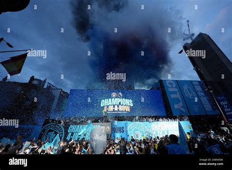 Manchester City Players Staff And Fans Celebrate During A Trophy