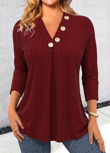 Wine Red Button Long Sleeve V Neck T Shirt Modlily USD 28 98