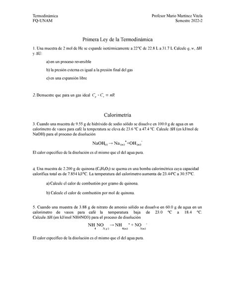 Serie 2 Termodinámica Termodinámica FQ UNAM Profesor Mario Martínez