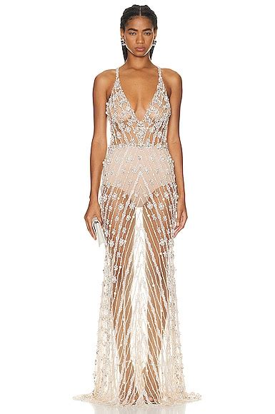 PatBO Hand Beaded Pearl Crystal Gown In Nude FWRD