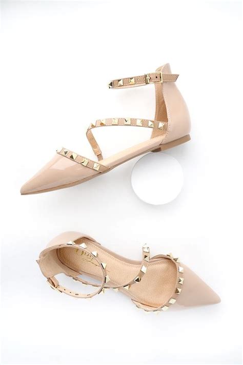 Trinity Nude Patent Studded Pointed Toe Flats Ankle Strap Heels Pointed Toe Flats Wedding
