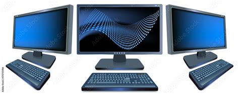 Set Computer Monitors With Glowing Screen And Keyboards Isolated On