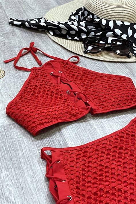 Bikini Taille Haute En Filet Rouge Avec Lacets Et Dos Nu