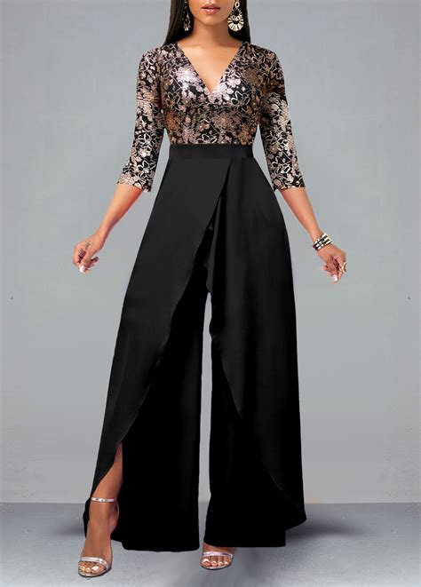 Floral Print Lace Black Long V Neck Jumpsuit Rosewe Usd