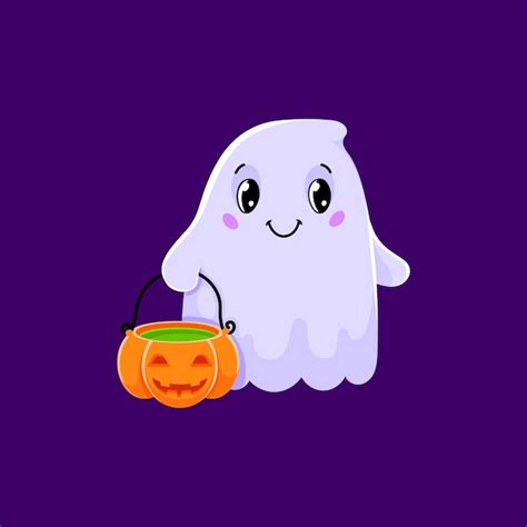 Premium Vector Cartoon Cute Halloween Kawaii Ghost With Pumpkin