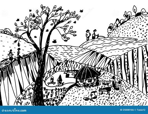 Landscape Sketch with People Stock Vector - Illustration of house, farm ...