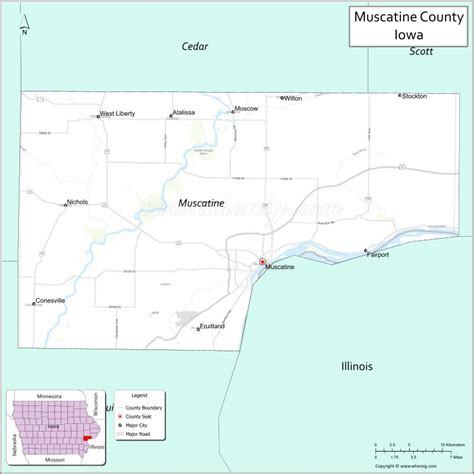 Map of Muscatine County, Iowa showing cities, highways & important places. Check Where is ...