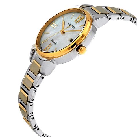 Seiko Solar White Mother Of Pearl Dial Two Tone Ladies Watch Sut324