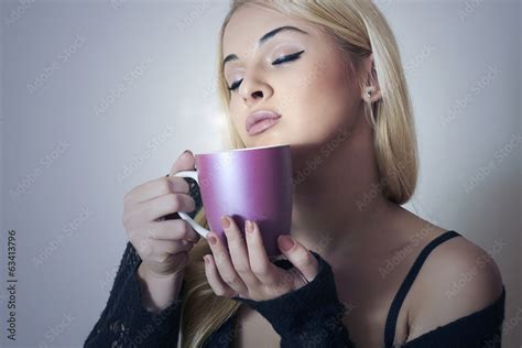 Beautiful Sexy Woman Drinking Coffee Cup Of Tea Hot Drink Stock Photo Adobe Stock
