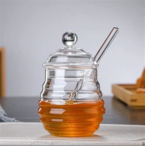 Oz Transparent Honey Jar With Dipper And Lid Glass Beehive Style