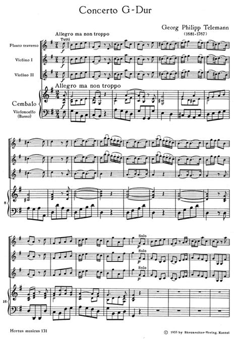 Sheet Music Telemann Concerto For Viola Strings And Basso Continuo