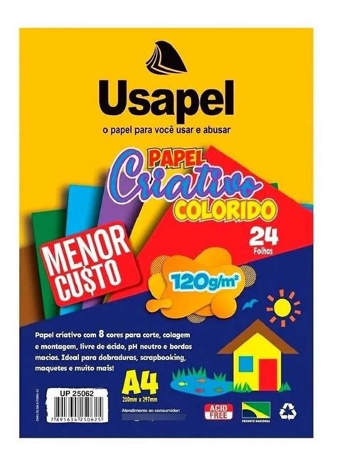 Bloco de Papel Criativo Colorido A4 8 Cores 120g m² c 24 Folhas Usapel