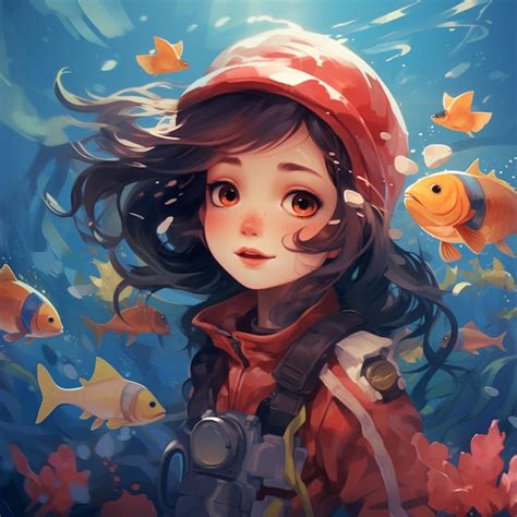 Premium AI Image | anime girl with a red hat and a backpack in a sea of ...