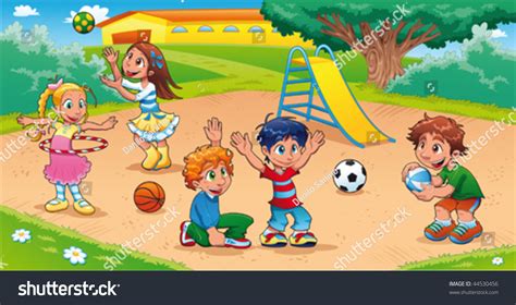 Kids In The Playground. Funny Cartoon And Vector Scene. - 44530456 ...