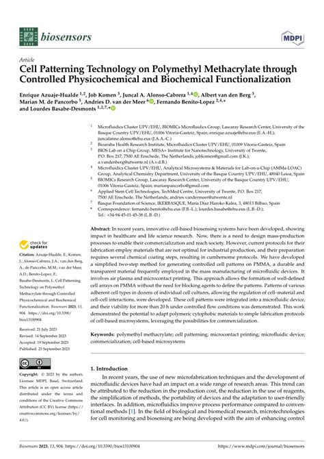 Pdf Cell Patterning Technology On Polymethyl Methacrylate Through Controlled Physicochemical