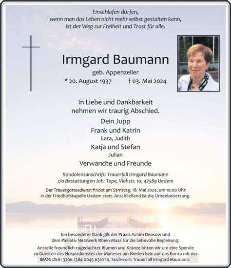 Alle Traueranzeigen F R Irmgard Baumann Trauer Rp Online De