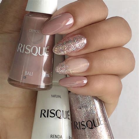 Kit 3 Esmaltes Risqué Cremosos Nude Branquinho e Glitter Tons Mais Vendidos Manicure Moda